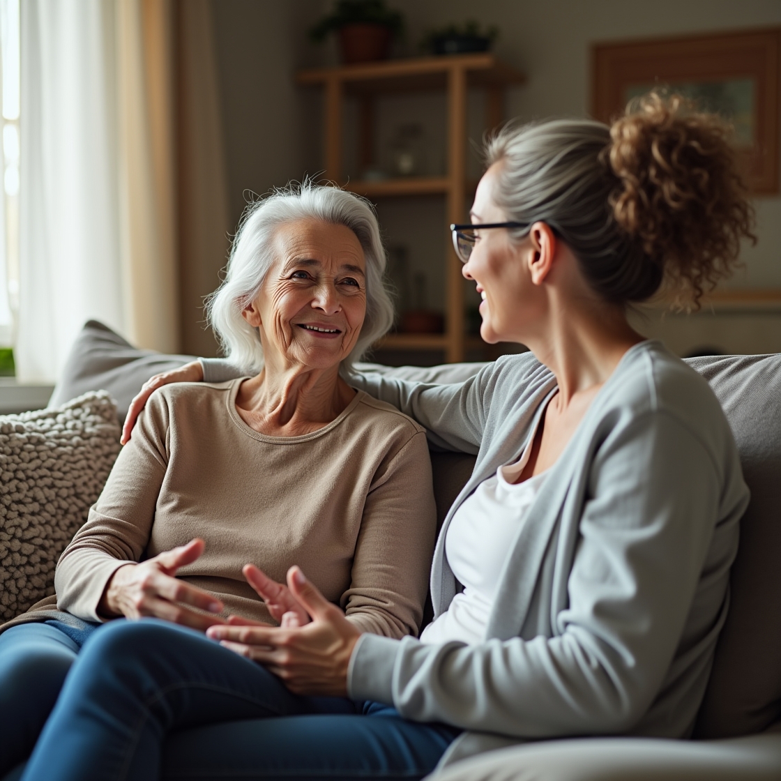 Zorgverlener in gesprek met oudere cliënt thuis bij SamenZorg Boxmeer